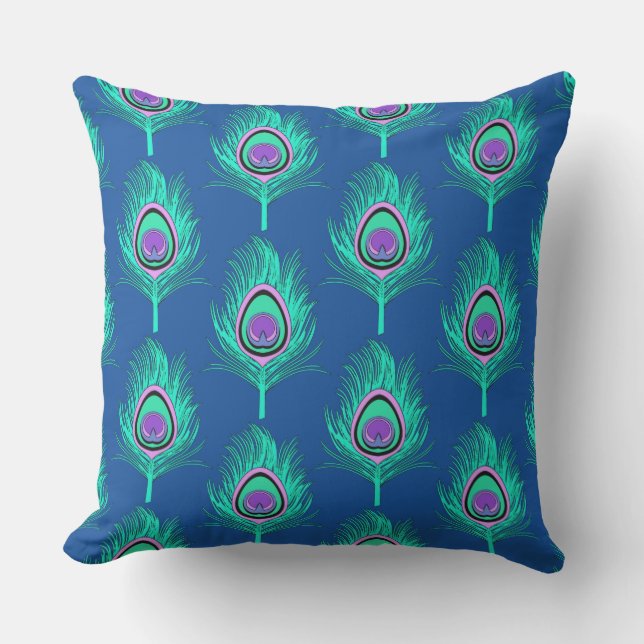 Peacock Feathers, Aqua on Deep Cobalt Blue Buitenkussen (Voorkant)