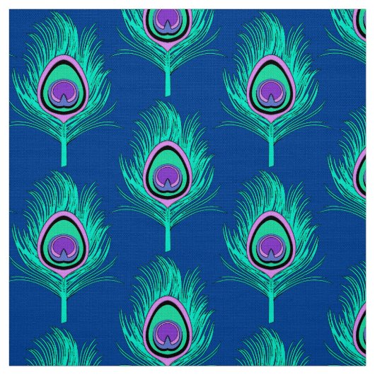 Peacock Feathers, Aqua on Deep Cobalt Blue Stof (Swatch)
