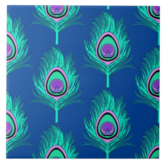 Peacock Feathers, Aqua on Deep Cobalt Blue Tegeltje (Voorkant)