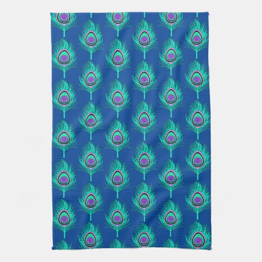 Peacock Feathers, Aqua on Deep Cobalt Blue Theedoek (Verticaal)