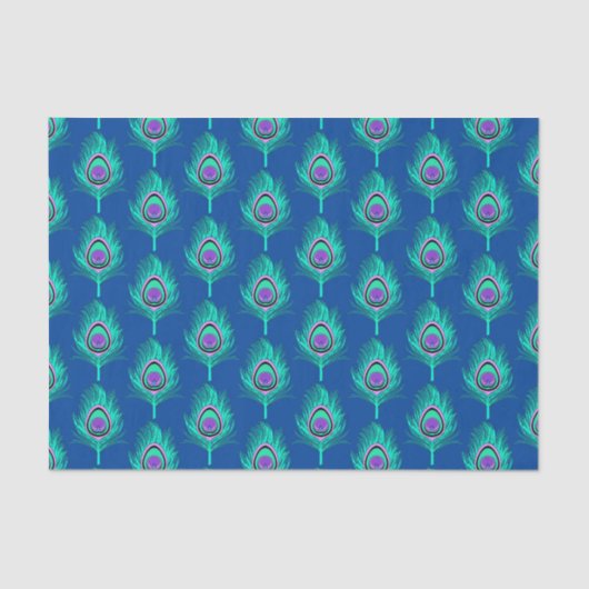 Peacock Feathers, Aqua on Deep Cobalt Blue Tissuepapier (Voorkant)