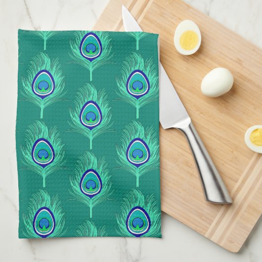 Peacock Feathers, Aqua on Turquoise / Peacock Theedoek (Quarter Fold)