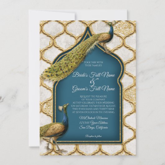  Peacock Feathers Arabesque Gold Wedding Kaart (Voorkant)