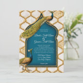  Peacock Feathers Arabesque Gold Wedding Kaart (Staand voorkant)