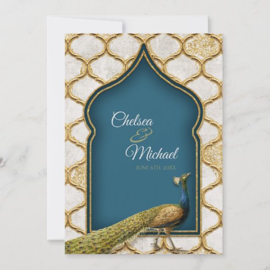  Peacock Feathers Arabesque Gold Wedding Kaart (Achterkant)