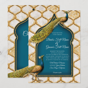 Peacock Feathers Arabesque Gold Wedding Kaart