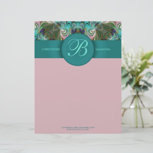 Peacock Feathers Art Monogram Letterhead Briefhoofd (Staand voorkant)