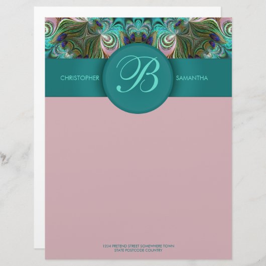 Peacock Feathers Art Monogram Letterhead Briefhoofd (Voorkant / Achterkant)