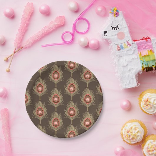 Peacock Feathers, beige op donkerchocolade bruin Papieren Bordje (Feest)