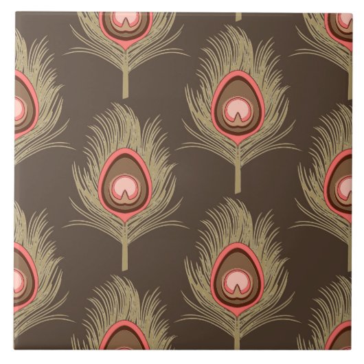 Peacock Feathers, beige op donkerchocolade bruin Tegeltje (Voorkant)