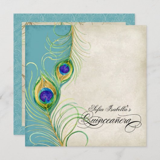 Peacock Feathers Black Damask Quinceanera Party Kaart (Voorkant / Achterkant)