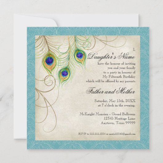 Peacock Feathers Black Damask Quinceanera Party Kaart (Achterkant)