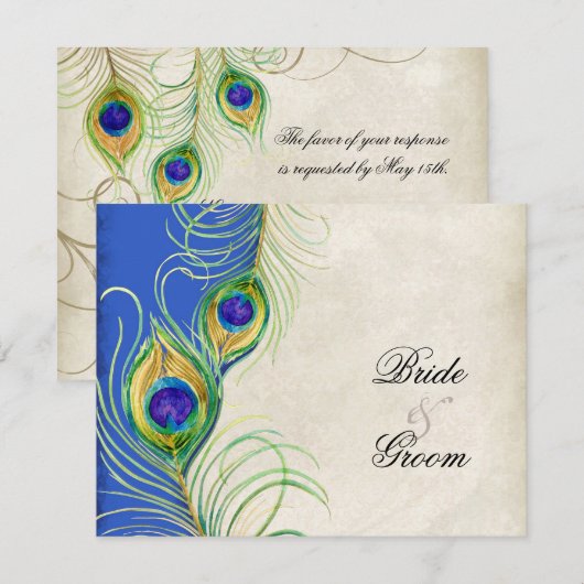 Peacock Feathers Black Damask RSVP-reactiekaart RSVP Kaartje (Voorkant / Achterkant)