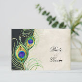 Peacock Feathers Black Damask RSVP-reactiekaart RSVP Kaartje (Staand voorkant)