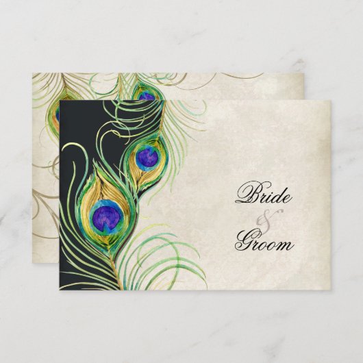 Peacock Feathers Black Damask RSVP-reactiekaart RSVP Kaartje (Voorkant / Achterkant)