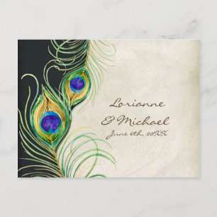 Peacock Feathers Black Damask RSVP Response Kaart
