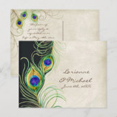 Peacock Feathers Black Damask RSVP Response Kaart (Voorkant / Achterkant)