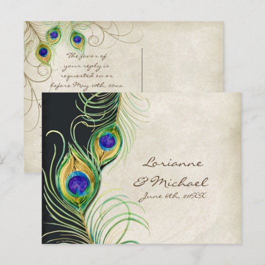 Peacock Feathers Black Damask RSVP Response Kaart (Voorkant / Achterkant)