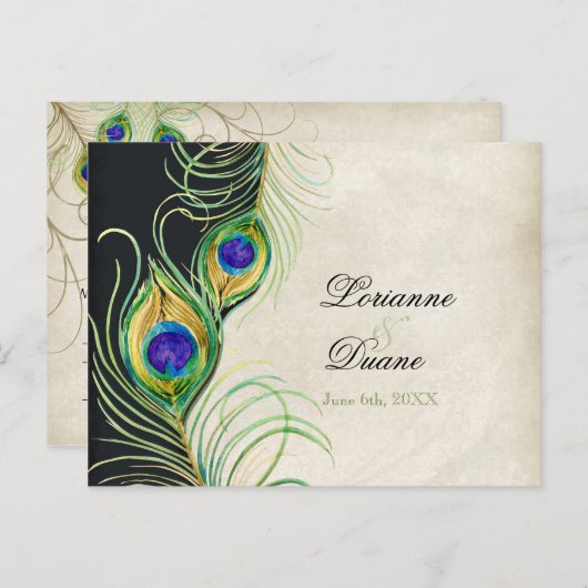 Peacock Feathers Black Damask RSVP Response Kaart (Voorkant / Achterkant)