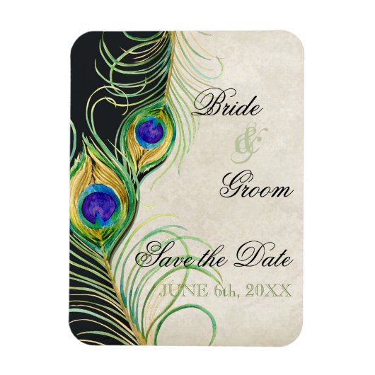 Peacock Feathers Black Damask Save the Date Magneet (Verticaal)