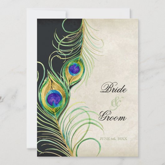 Peacock Feathers Black Damask Weddenschap Statione Kaart (Achterkant)