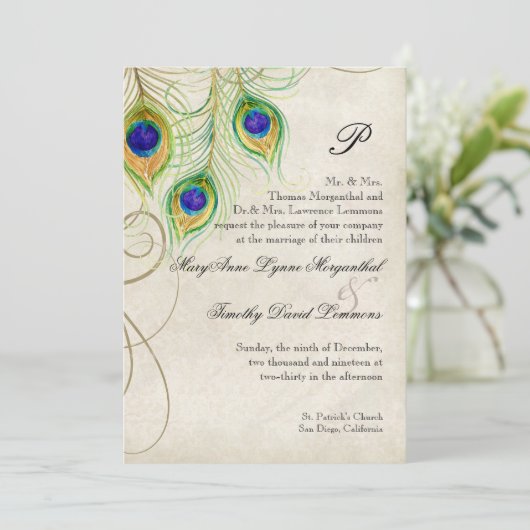 Peacock Feathers Black Damask Weddenschap Statione Kaart (Staand voorkant)