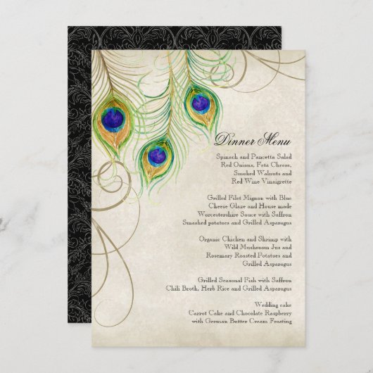 Peacock Feathers Black Damask Weddenschap Statione Menu (Voorkant / Achterkant)