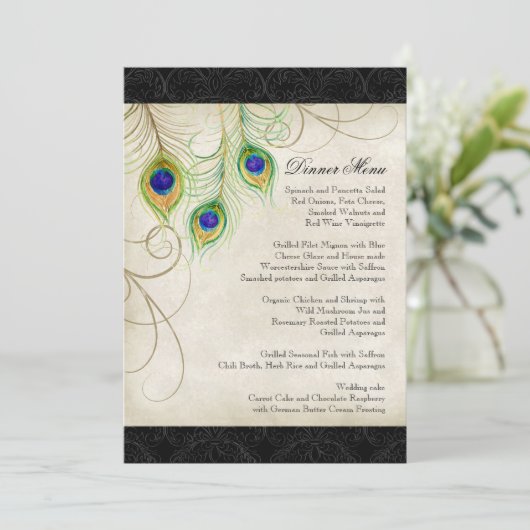 Peacock Feathers Black Damask Weddenschap Statione Menu (Staand voorkant)