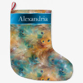 Peacock Feathers Blauw Goud Kerstnaam Grote Kerstsok (Voorkant)