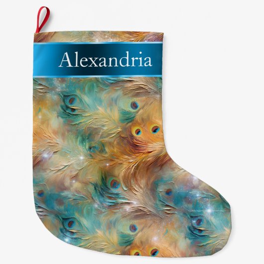 Peacock Feathers Blauw Goud Kerstnaam Grote Kerstsok (Voorkant)