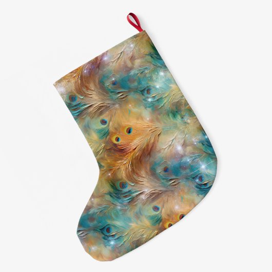 Peacock Feathers Blauw Goud Kerstnaam Grote Kerstsok (Achterkant (Hangend))