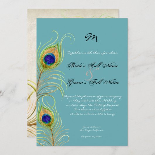Peacock Feathers Blauwgroen Blauw Elegant Bruiloft Kaart (Voorkant / Achterkant)