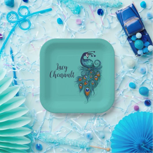 Peacock Feathers Blauwgroen Peacocks Papieren Bordje (Feest)