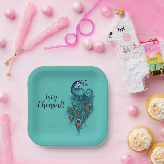 Peacock Feathers Blauwgroen Peacocks Papieren Bordje (Feest)