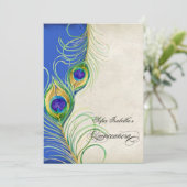 Peacock Feathers Blue Damask Quinceanera Party Kaart (Staand voorkant)