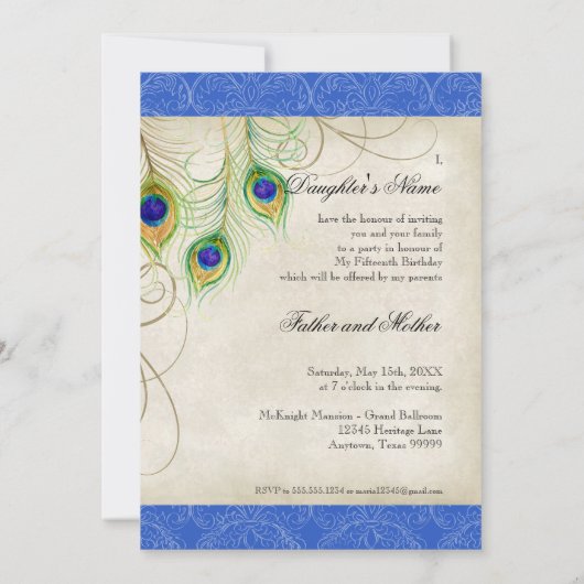 Peacock Feathers Blue Damask Quinceanera Party Kaart (Achterkant)