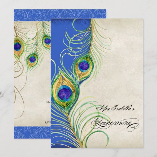 Peacock Feathers Blue Damask Quinceanera Party Kaart (Voorkant / Achterkant)