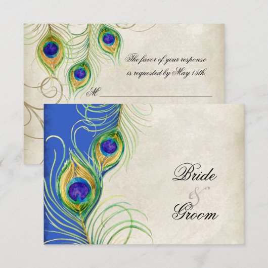 Peacock Feathers Blue Damask RSVP-reactiekaart RSVP Kaartje (Voorkant / Achterkant)