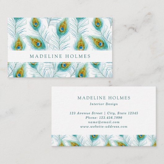 Peacock Feathers Blue Modern Visitekaartje (Voorkant / Achterkant)