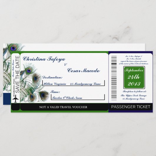 Peacock Feathers Boarding Pass Weduwen Uitnodiging (Voorkant / Achterkant)