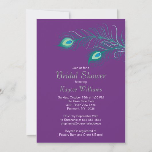 Peacock Feathers Bridal Shower Invitation Kaart (Voorkant)
