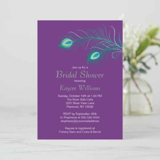 Peacock Feathers Bridal Shower Invitation Kaart (Staand voorkant)