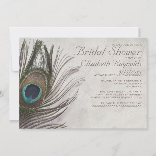 Peacock Feathers Bridal Shower Invitations Kaart (Voorkant)