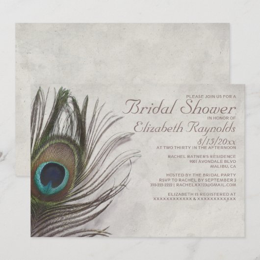 Peacock Feathers Bridal Shower Invitations Kaart (Voorkant / Achterkant)