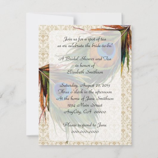 Peacock Feathers Bridal Tea Kaart (Achterkant)