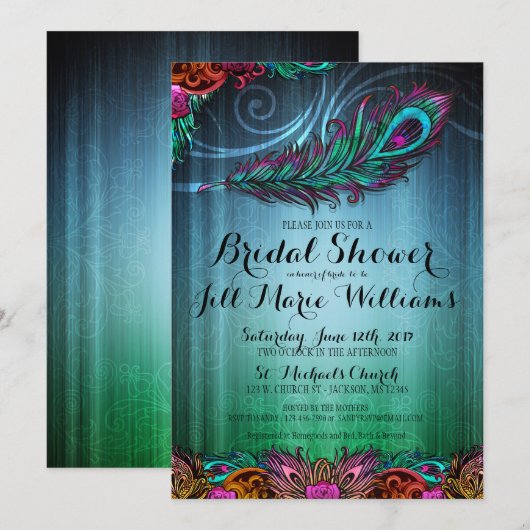 Peacock Feathers Bruids Douche Uitnodiging (Voorkant / Achterkant)