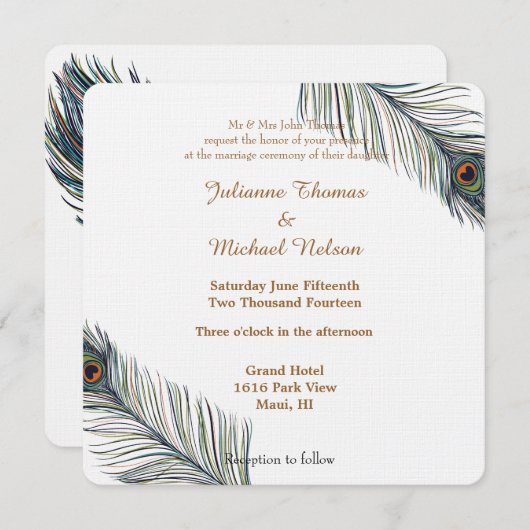 Peacock Feathers Bruiloft Kaart (Voorkant / Achterkant)