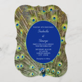 Peacock Feathers & Calligraphy on Blue Wedding Kaart (Voorkant / Achterkant)