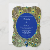 Peacock Feathers & Calligraphy on Blue Wedding Kaart (Voorkant)
