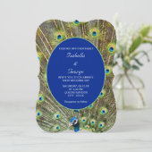 Peacock Feathers & Calligraphy on Blue Wedding Kaart (Staand voorkant)